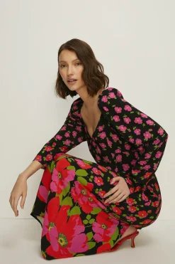 Best Oasis Poppy Border Printed Volume Sleeve Midi Dress Black