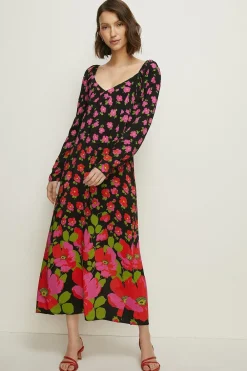 Best Oasis Poppy Border Printed Volume Sleeve Midi Dress Black