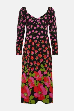 Best Oasis Poppy Border Printed Volume Sleeve Midi Dress Black