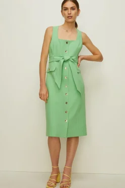 Fashion Oasis Premium Belted Button Through Midi Dress Green
