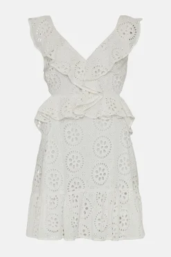Hot Oasis Premium Broderie Frill Cut Out Skater Dress White