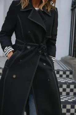 Outlet Oasis Premium Contrast Stitch Trench Coat Black