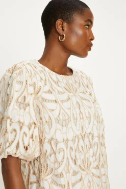 Hot Oasis Premium Cutwork Puff Sleeve Top Ivory