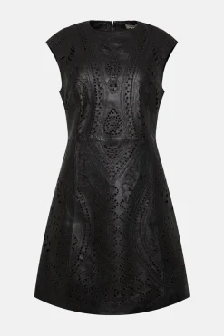 Hot Oasis Premium Embroidered Cut Out Leather Shift Dress Black
