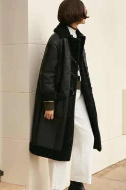 Fashion Oasis Premium Faux Shearling Longline Duffle Coat Neutral