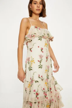 Outlet Oasis Premium Floral Embroidered Ruffle Chiffon Dress Ivory