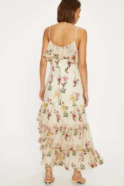 Outlet Oasis Premium Floral Embroidered Ruffle Chiffon Dress Ivory