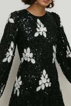 Best Oasis Premium Floral Hand Embellished Sequin Skater Dress Mono