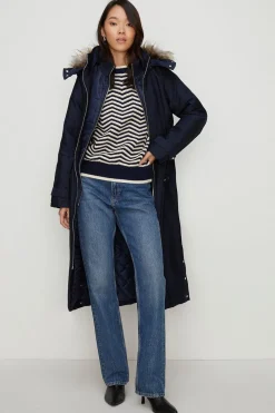 Hot Oasis Premium Fur Hood Padded Winter Parka Coat Navy