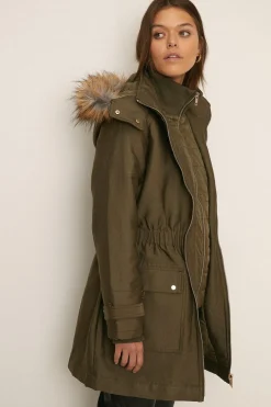 Sale Oasis Premium Fur Hood Padded Winter Parka Coat Khaki