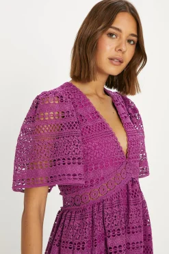 Online Oasis Premium Geo Lace Angel Sleeve V Neck Maxi Dress Purple