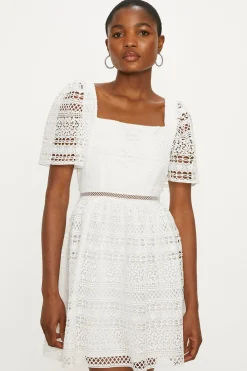 Discount Oasis Premium Geo Lace Square Neck Skater Dress White