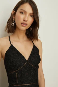 New Oasis Premium Geo Lace Strappy V Neck Midi Dress Black
