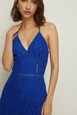 Best Oasis Premium Geo Lace Strappy V Neck Midi Dress Magenta