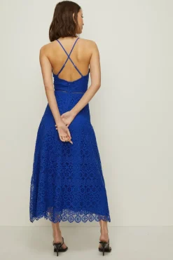 Best Oasis Premium Geo Lace Strappy V Neck Midi Dress Magenta