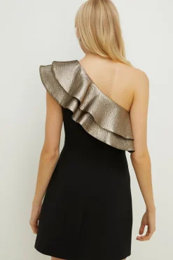 Hot Oasis Premium Jacquard Ruffle Tailored Aline Dress Black