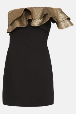 Hot Oasis Premium Jacquard Ruffle Tailored Aline Dress Black