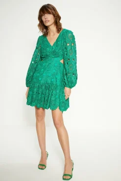 Clearance Oasis Premium Lace Cut Out V Neck Skater Bright Green