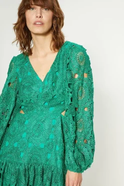 Clearance Oasis Premium Lace Cut Out V Neck Skater Bright Green