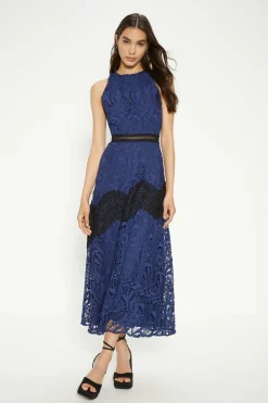 Discount Oasis Premium Lace Halter Neck Contrast Panel Midi Dress Dark Blue