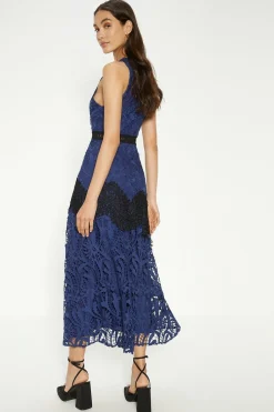 Discount Oasis Premium Lace Halter Neck Contrast Panel Midi Dress Dark Blue