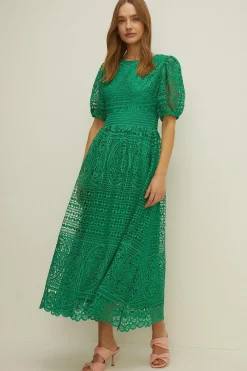 Fashion Oasis Premium Lace Puff Sleeve Midi Dress Bright Green