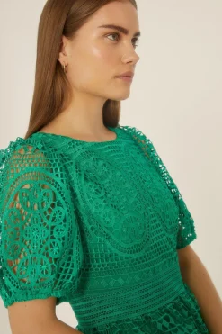 Hot Oasis Premium Lace Puff Sleeve Skater Dress Cobalt