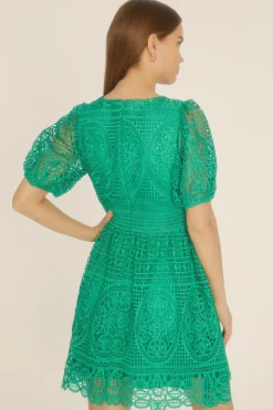 Hot Oasis Premium Lace Puff Sleeve Skater Dress Cobalt