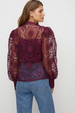 Fashion Oasis Premium Lace Scallop Trim Detailed Blouse Berry