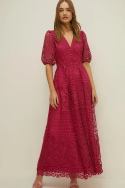 Clearance Oasis Premium Lace V Neck Maxi Dress Magenta