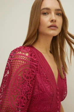 Clearance Oasis Premium Lace V Neck Maxi Dress Magenta