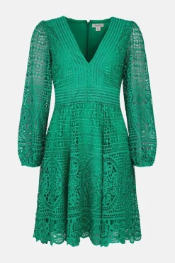 Sale Oasis Premium Lace V Neck Skater Dress White