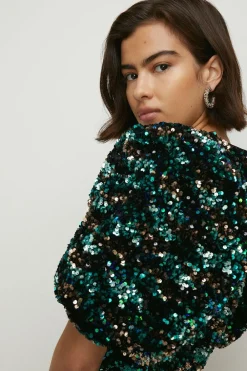 Discount Oasis Premium Mixed Sequin Puff Sleeve Mini Green