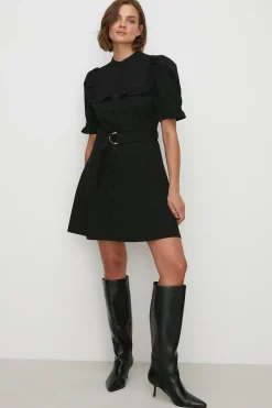 Online Oasis Premium Ponte Ruffle Detail Belted Mini Dress Black