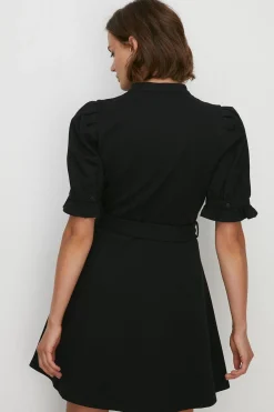 Online Oasis Premium Ponte Ruffle Detail Belted Mini Dress Black