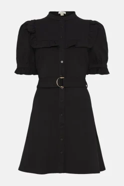 Online Oasis Premium Ponte Ruffle Detail Belted Mini Dress Black