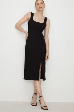 New Oasis Premium Ponte Square Neck Split Midi Dress Black