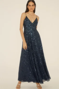Fashion Oasis Premium Strappy All Over Sequin Maxi Dress Navy