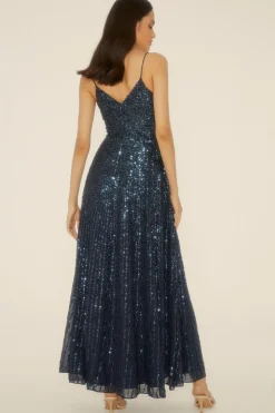 Fashion Oasis Premium Strappy All Over Sequin Maxi Dress Navy