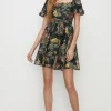 Outlet Oasis Pretty Floral Organza Ruched Mini Dress Black