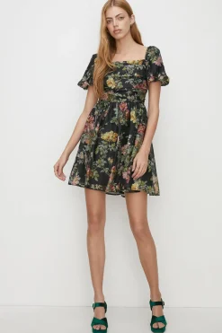 Outlet Oasis Pretty Floral Organza Ruched Mini Dress Black