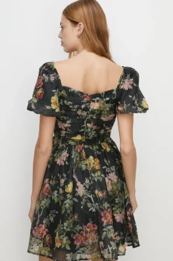 Outlet Oasis Pretty Floral Organza Ruched Mini Dress Black