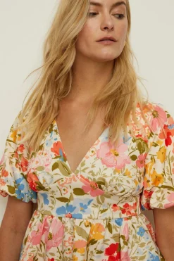 Online Oasis Pretty Floral Scuba Puff Sleeve Skater Dress Cream