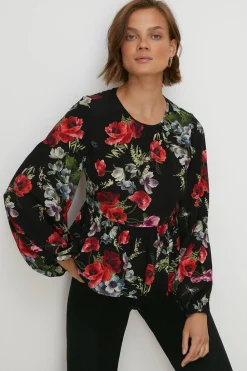 New Oasis Pretty Red Floral Tie Back Detail Top Black