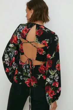 New Oasis Pretty Red Floral Tie Back Detail Top Black
