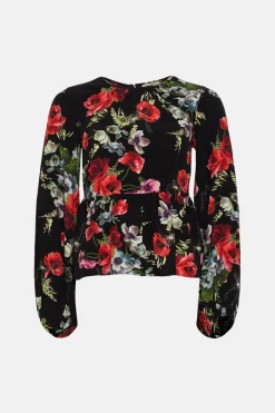 New Oasis Pretty Red Floral Tie Back Detail Top Black