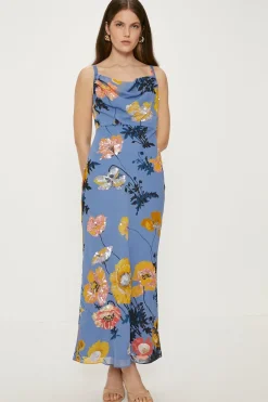 Hot Oasis Pretty Sequin Floral Cowl Neck Midi Dress Slate Blue