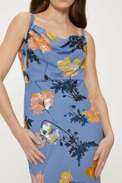Hot Oasis Pretty Sequin Floral Cowl Neck Midi Dress Slate Blue