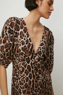 Hot Oasis Print Puff Sleeve Button Midi Dress Animal