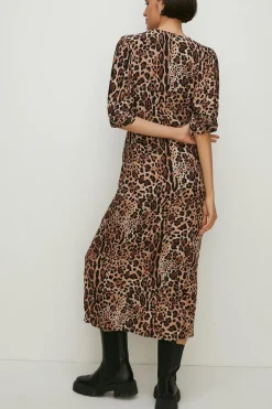 Hot Oasis Print Puff Sleeve Button Midi Dress Animal